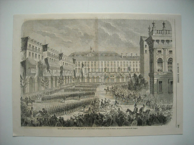 GRAVURE 1863. REVUE PASSEE A TURIN, FETE DU STATUT, PAR S. M. LE ROI D’Italie...