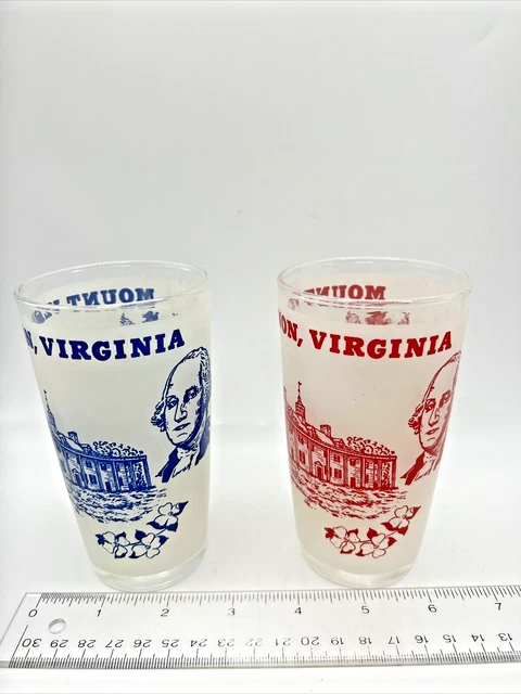 Vtg Hazel Atlas Pair Mt Vernon Virginia Tumblers Clear Red Blue Drinking Glasses