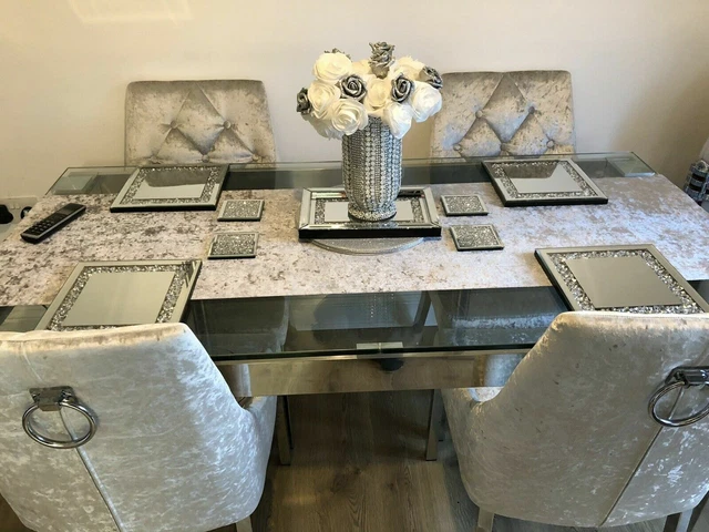 SPARKLE CRUSHED DIAMANTE MIRRORED TABLE MAT 4x PLACEMAT, 4x COASTER,1x CEN PLATE