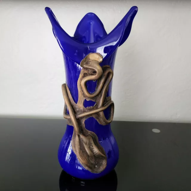 Cobalt Blue Art Deco Glass Vase Pulled HandBlown Fused Metal Noveau VTG Romania