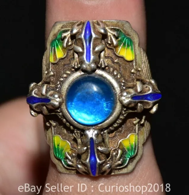 1.2" Rare Old Chinese Cloisonne Silver Inlay Blue Gem Jewelry Figure Ring