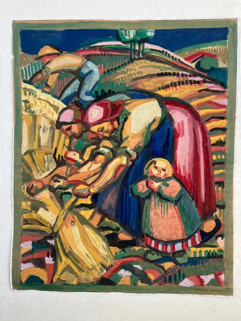 tableau gouache cubiste Monogrammé 1925 travaux dans les champs La récolte