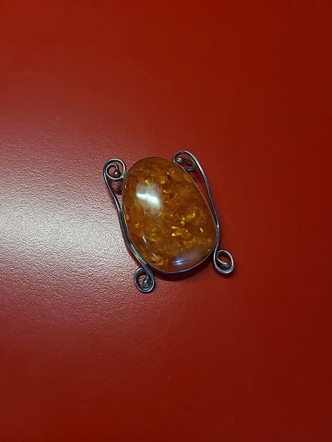 Broche En Argent Massif Et Ambre - Bijou Artisanal Vintage - Magnifique Pièce Unique