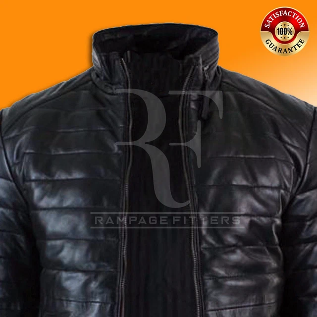 Black Leather Puffer Jacket, Men's Padded Puffy bubble Real Leather Jacket 3