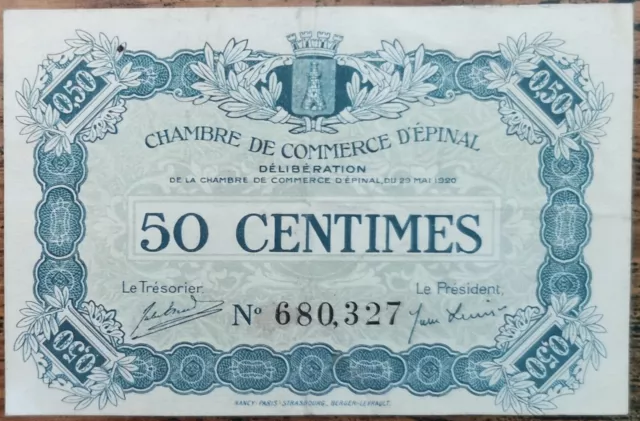 Billet 50 centimes Chambre de commerce d'EPINAL nécessité 1920 - 680327