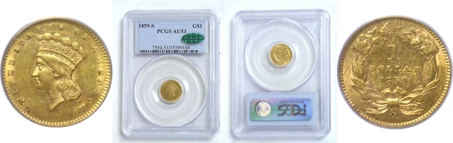 1859-S G$1 Indian Princess Gold Coin PCGS AU-53 CAC