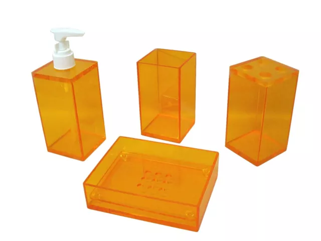 (35529) Conjunto Baño 4 Piezas Accesorios Sobremesa Lavabo Acrilico Naranja Cuad