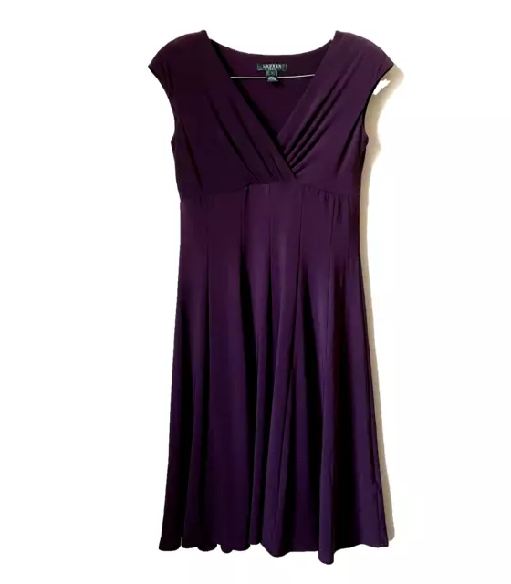 Ralph Lauren Dress Women Size 6 Dark Purple Fit & Flare Pleated V-Neck