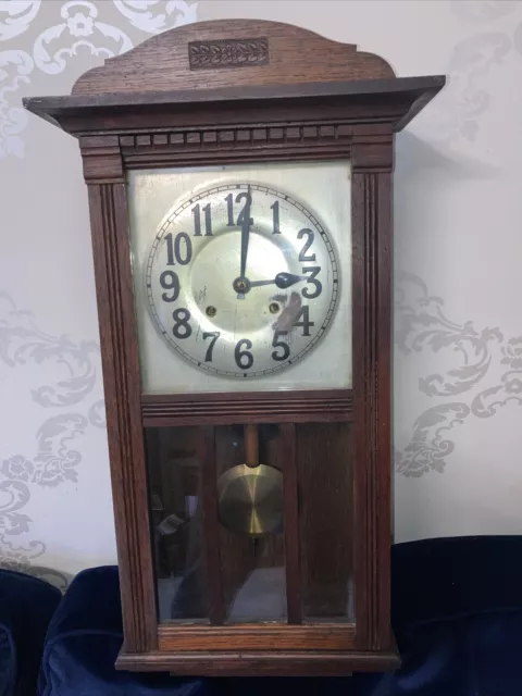 Antique Oak Cased, Striking on Gong, Pendulum Wall Clock. GWO