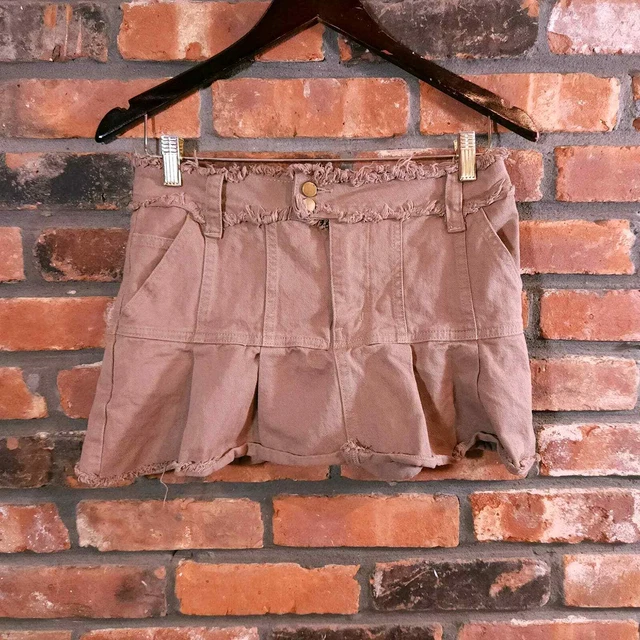 Princess Polly Brown Pleated Low Rise Frayed Edge Mini Skirt Y2K Women's US 2