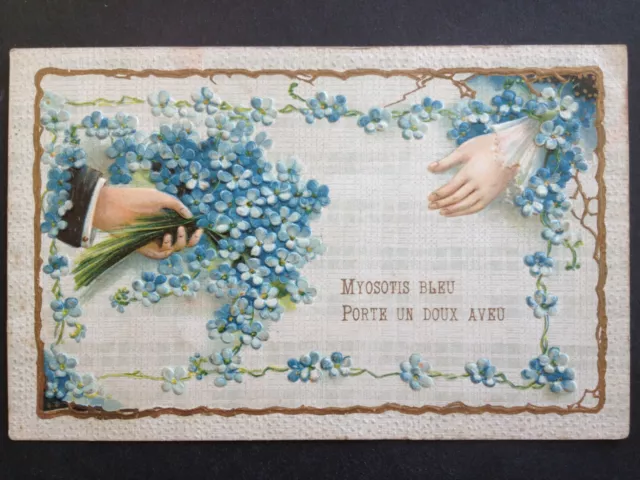 Stunning ANTIQUE Fantasy Embossed EMBOSSED POSTCARD Myosotis Hands