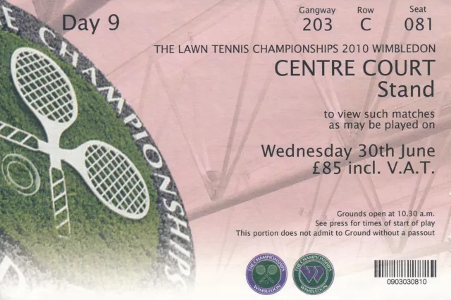 TENNIS TICKET - 2010 Lawn Championship @ Wimbledon - Centre Court - 30th June