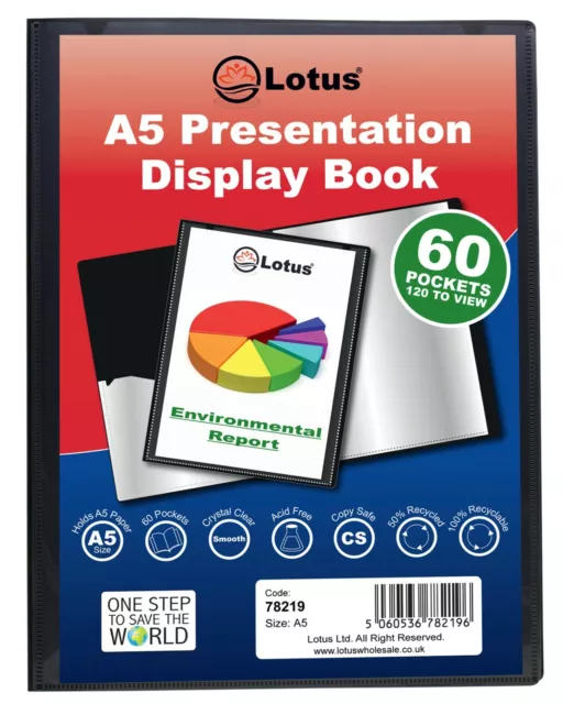 1 x A5 60 POCKET BLACK DISPLAY BOOK PROFESSIONAL FOLDER PORTFOLIO FILE BOOK ECO