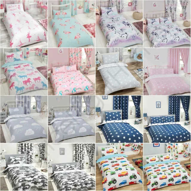 Kids Girls Boys Matching Duvet Cover Sets - Single, Double, Junior & Curtains