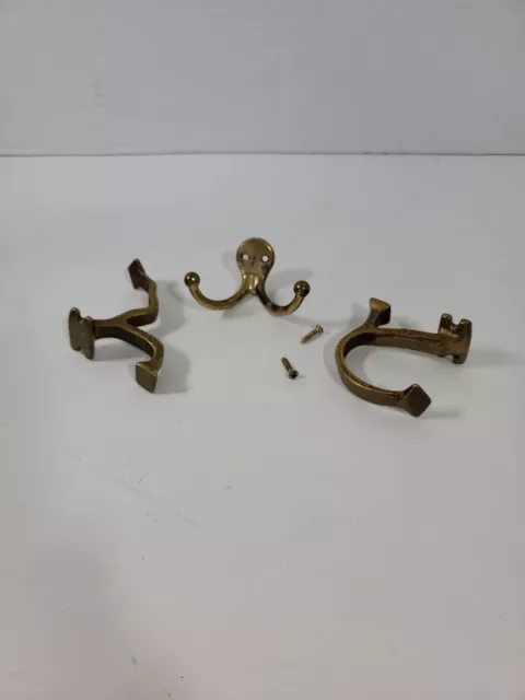 Lot Of 3 Restoration Brass Plated Retro Style Double Hooks 2 Screws Included VTG