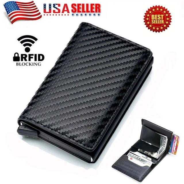 RFID Blocking Leather Carbon Fiber Mens Wallet Purse Slim ID Credit Card Holder