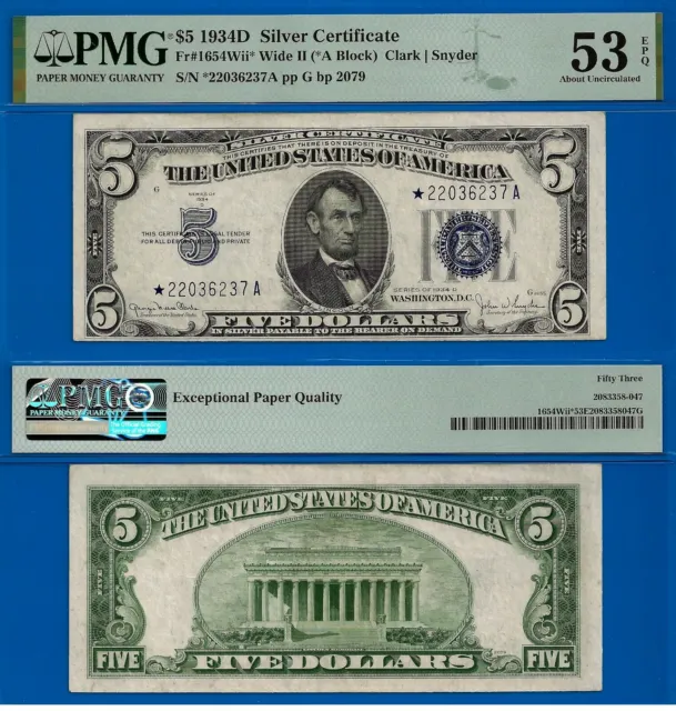 1934D $5 Silver Certificate PMG 53EPQ rare wanted Wide II star Fr 1654Wii