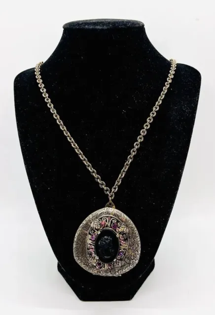 Large Floral Embossed Black Glass Cameo Locket Rhinestones Vintage Jewelry