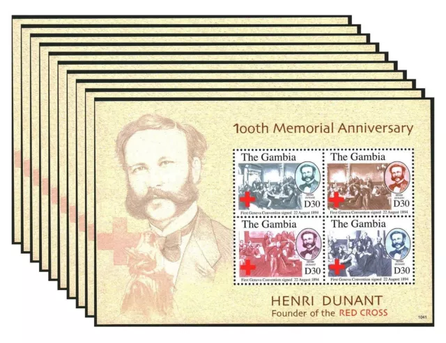 The Gambia Wholesale Lot Of 10 MNH Stamps Sheets Henry Dunant 100th Anniv #W5987