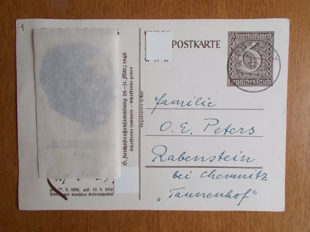 DR 1940, Sonderpostkarte mit seitl. Zudr. "Strassensammlung" in bedarfsgelaufen