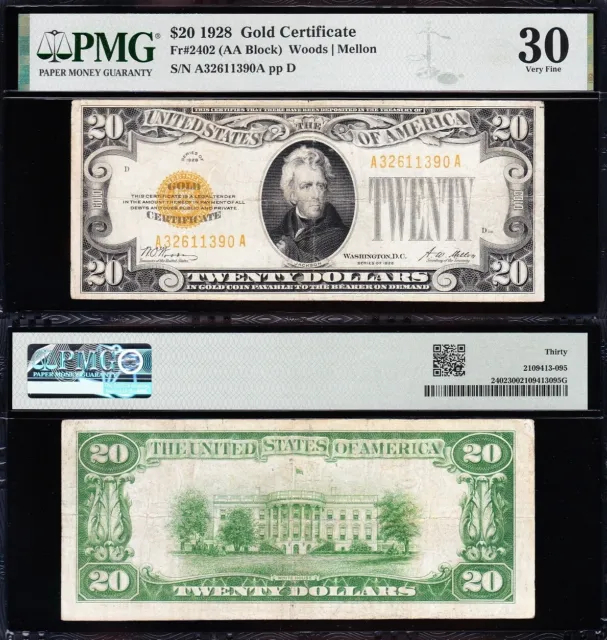 AWESOME Crisp Choice VF++ 1928 $20 GOLD CERTIFICATE! PMG 30! FREE SHIP! 11390A