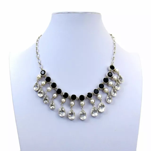 Faceted Onyx ,Pearl & Clear Quartz Sterling Silver Necklace Adjustable Jewelry