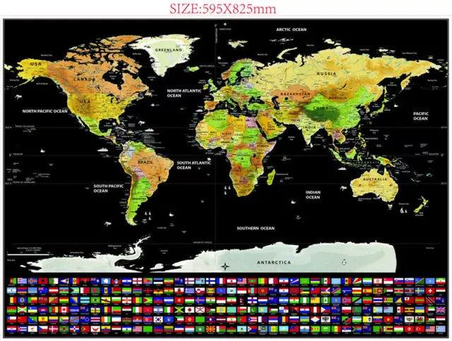 MAPA MUNDI RASCAR GRANDE SCRATCH OFF CON ESTADOS Y BANDERAS PAISES 82 x 59 CM