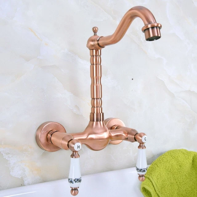 ANTIQUE RED COPPER Wall Mounted Swivel Kitchen Sink Faucet Mixer Basin