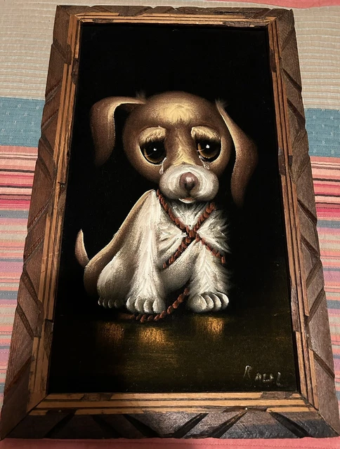 VINTAGE VELVET PAINTING Big Sad Eyes Puppy Lrg Signed Dog Mid