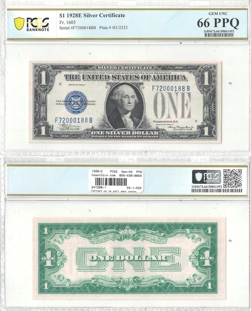 1928-E $1 Silver Certificate "Funny Back" Fr 1605 PCGS Gem New-66 PPQ