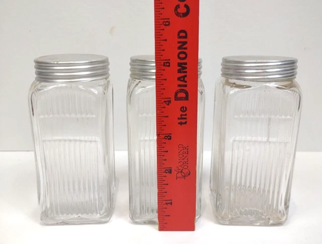 3 Vintage Hoosier Square Spice Glass Jar 4 1/4" Ribbed Pattern Napanee Set 4
