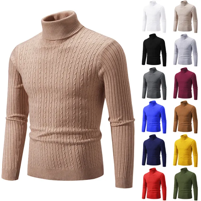 Mens Knitted Turtle High Neck Jumper Long Sleeve Polo Roll Pullover Sweater Tops