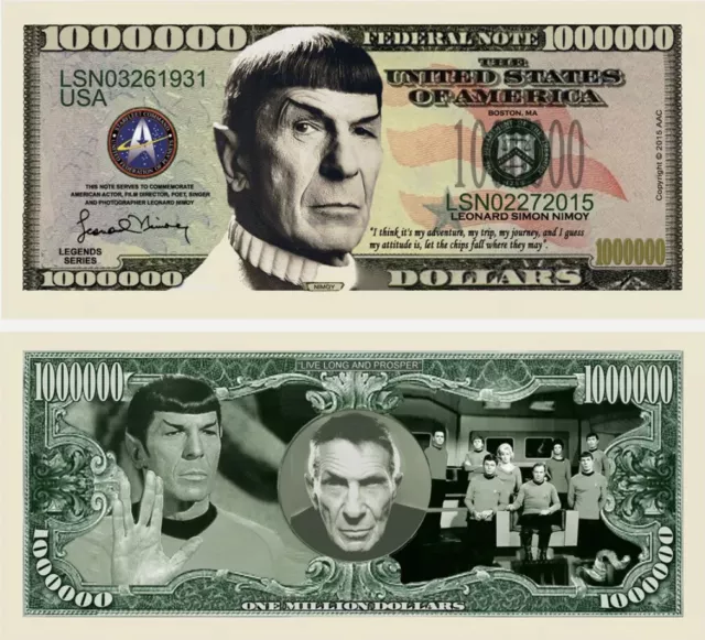 Star Trek Spock Leonard Nimoy 5 Pack Collectible 1 Million Dollar Bills Novelty