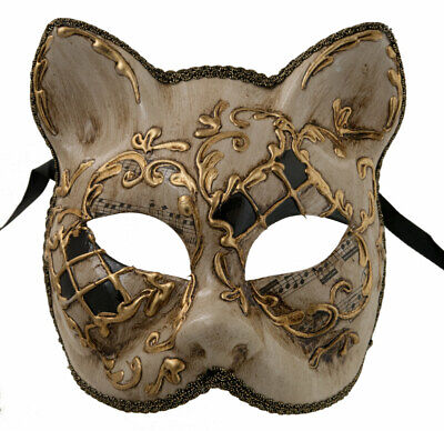 Mask Cat Venetian Carnival Venice Black Golden Painted Handmade 1945 -V60