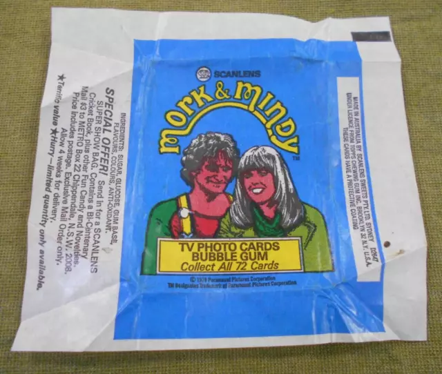 #D258.   1978  Scanlens  Mork & Mindy  Bubblegum  Wax Wrapper