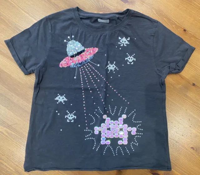 T Shirt Bambina Black Space Invader By Next Age 9 Anni Dettaglio Paillettes Mai Indossata