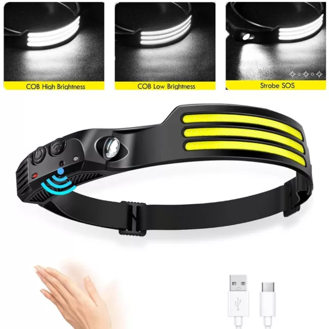 Waterproof COB Headlamp LED Motion Sensor Head Torch Headlight Rechargeable