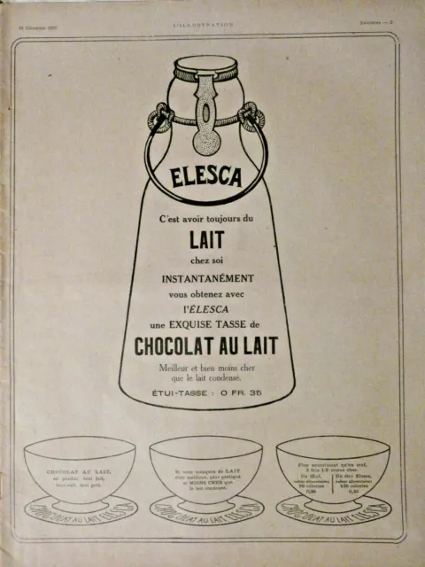 Publicité Presse 1920 Elesca Lait Instantanné Exquise Tasse De Chocolat Au Lait