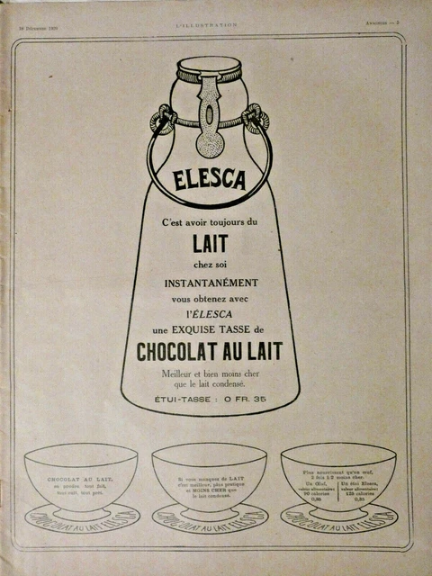 Publicité Presse 1920 Elesca Lait Instantanné Exquise Tasse De Chocolat Au Lait