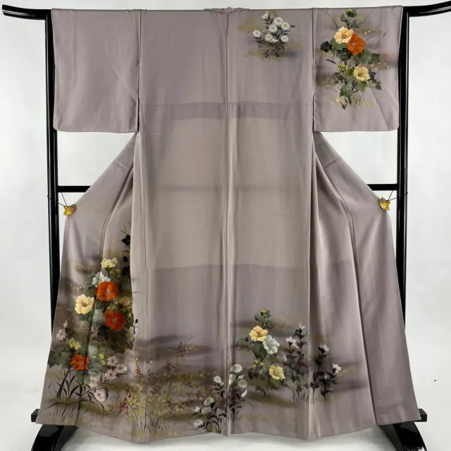 Japanese kimono  "TUKESAGE" Gold  leaf, Plants(a lot flowers ),Crepe,L5' 3".3050