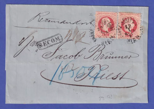 Österreich 5 Kr Mi.-Nr. 37 I Paar auf R-Brief O FRANZ-JOSEPHS-QUAI (Wien) 1871