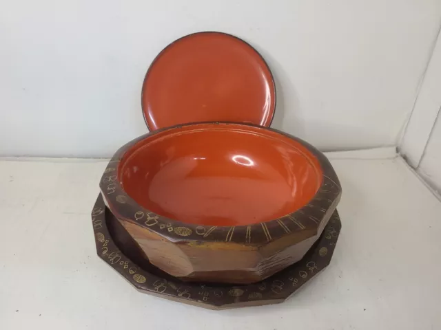 Japanese Wooden Lacquer ware Piece WOODEN TRAY/bowl with lid octagon tea 3