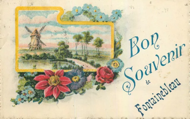 Cp Illustree Bon Souvenir De Fontainebleau - Moulin Fleurs