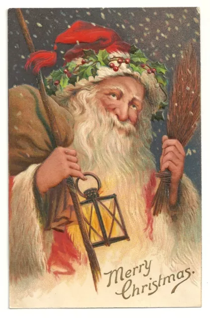 1910s Merry Christmas Victorian Santa Lantern Embossed Brown Suit Postcard VTG