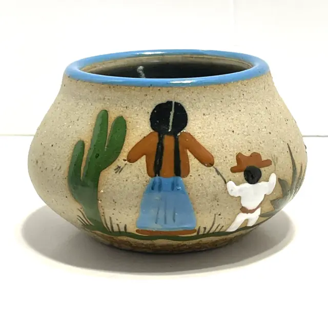 Hand Painted Sandstone Pottery Candle in Vase Mother Child Glaze Relief Mexico