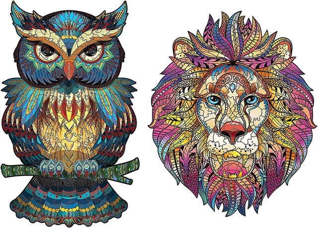 Wooden Jigsaw Puzzles for Adults 2in1, Animal Shaped Wood Cut Puzzles,Owl & Lion