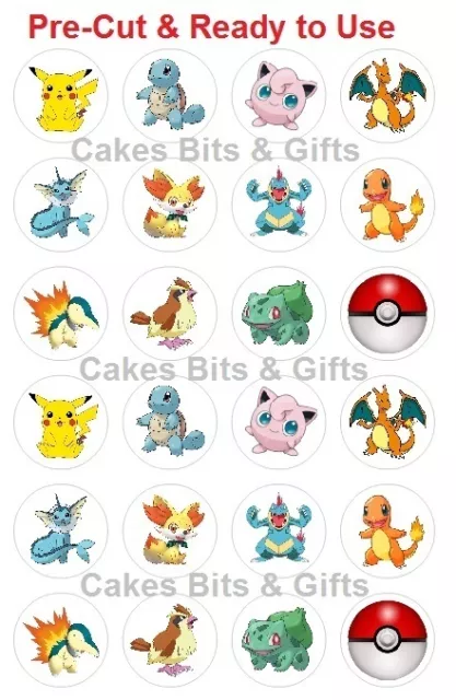 24x POKEMON CHARACTER Mix 1 Edible Wafer Cupcake Toppers Pre Cut Ready to Use GO