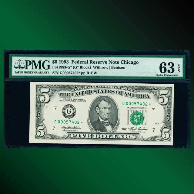 Fr.1983-G 1993 $5 Ten Dollars FRN Chicago, Star Note, PMG 63 EPQ, 57402