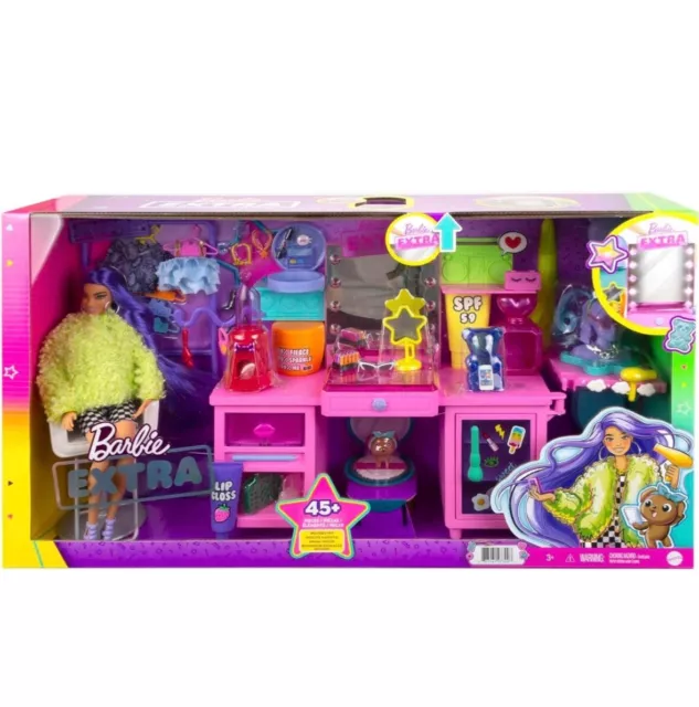 Barbie Extra Spielset mit exklusiver Puppe, Hündchen & 45+ Teile Schminktisch