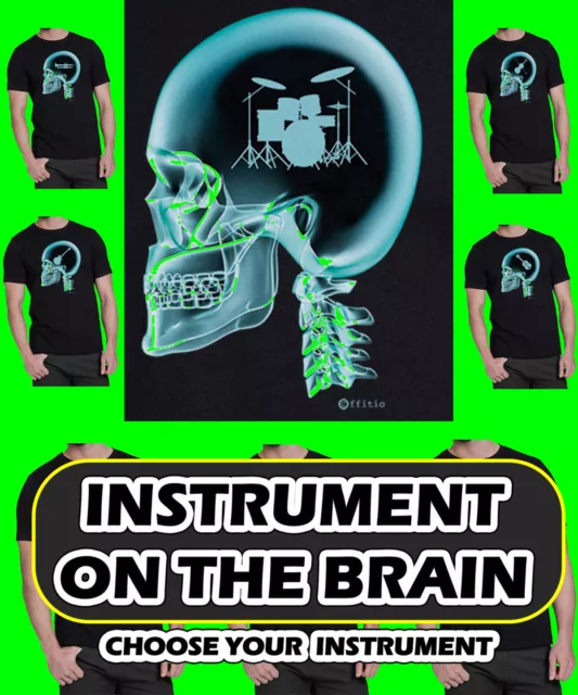 T-shirt da uomo in cotone biologico musica sul cervello raggi X *scegli il tuo strumento*